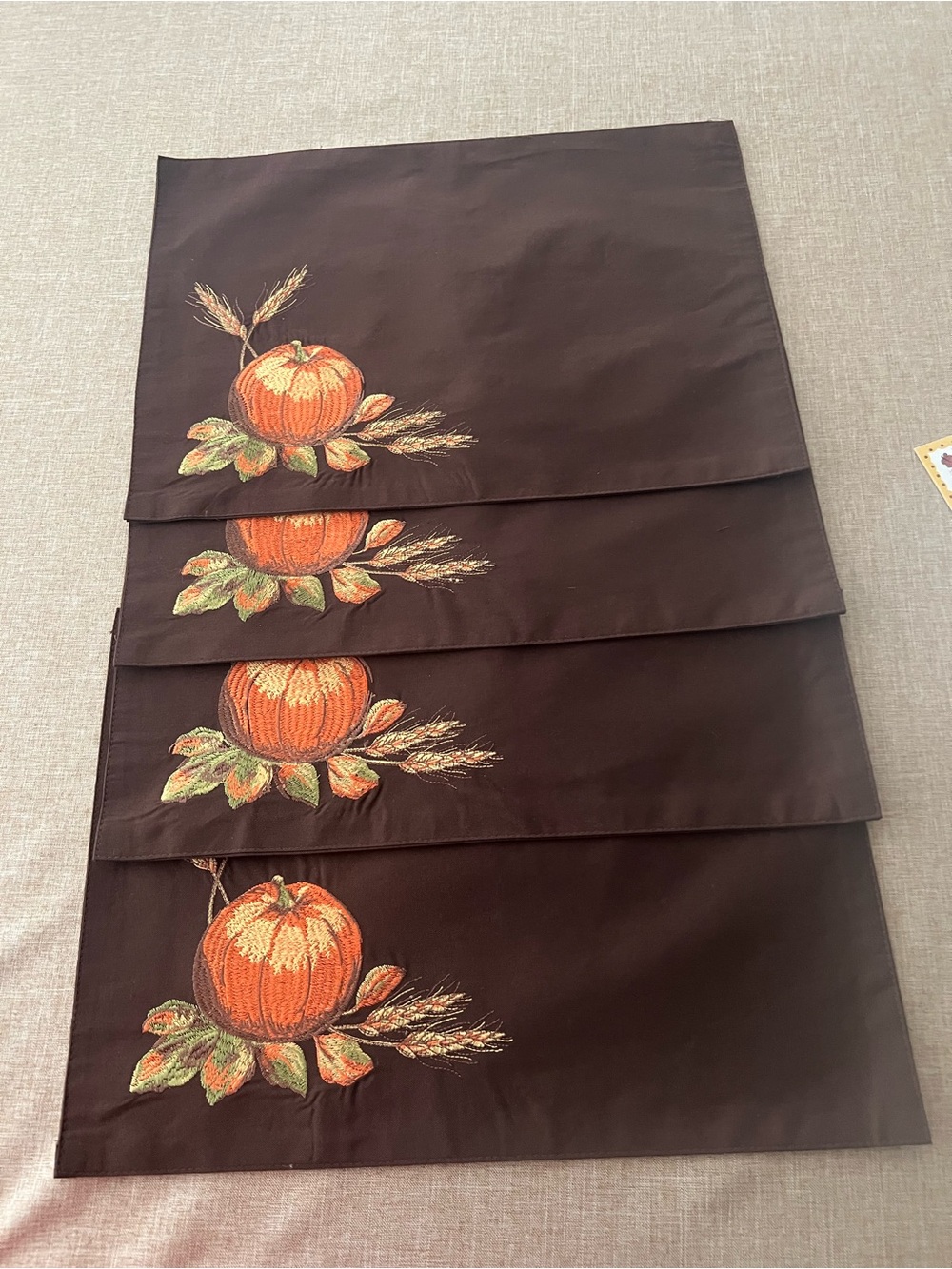 Autumn/Fall Pumpkin Embroidered Set of 4 Placemats Brown